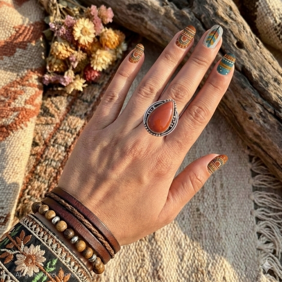 Sterling Silver Red Moss Agate Artisan Statement Ring Boho Teardrop Size 7.75 - Picture 3 of 12